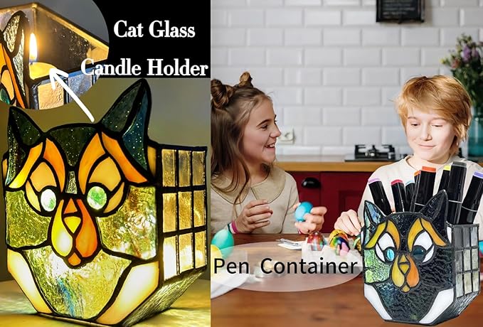 Cat Stained Glass Pot,Cat Flower Pots for Indoor Plants,Cat Plant Decor,Fun Plant Pots Gift 4.6x3x5.15 in(Excluding Plants)