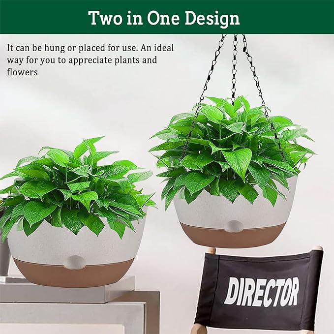 Hanging Planter Self Watering 10 Inch, 2 Pack Indoor Outdoor Hanging Baskets, Hanging Flower Pots with Drainage Hole & 2 Kinds of Plant Hangers for Garden Home Decor(Cream)…