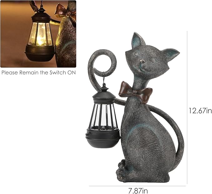 Whimsical Solar Cat Statue with Solar Lantern - Unique Outdoor Garden Decor for Patio, Balcony, and Yard Lights - Ideal Valentines Day Birthday Gifts for Mom, Grandma, Women, Men, and Cat Lovers