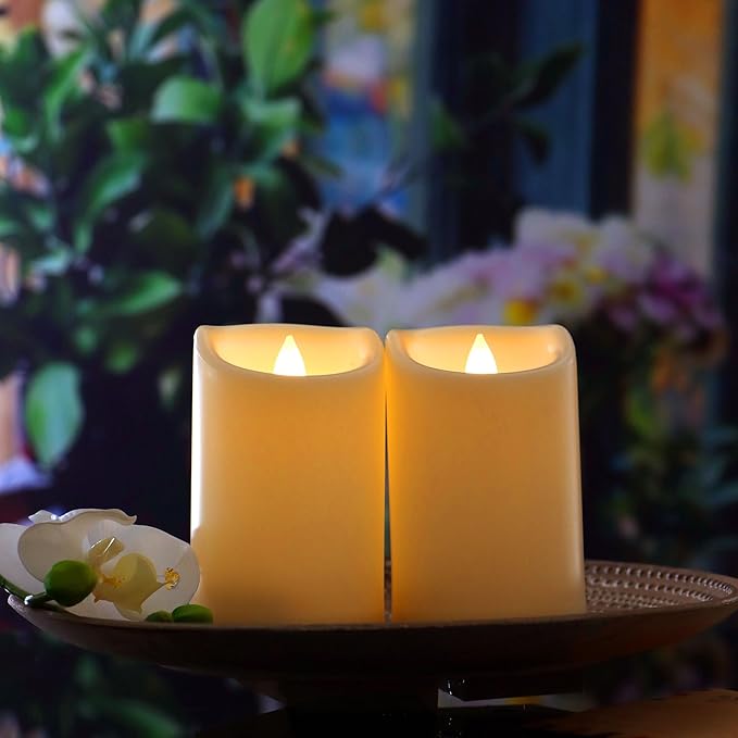 CANDLE CHOICE Waterproof Outdoor Battery Operated Flameless Candles with Timer Flickering Plastic Resin Electric LED Pillar Lights for Lantern Patio Garden Wedding Party Decorations 3x4 Inches 2 Pack