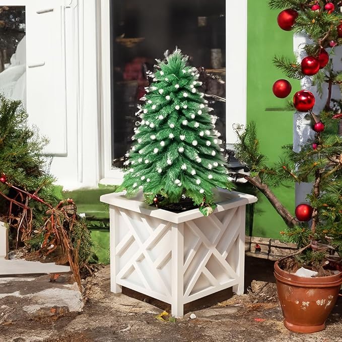 Lattice Design Planter Box 2-Pack – 14.75-Inch Decorative Outdoor Flower or Plant Pots – Front Porch, Patio, and Garden Decor by Pure Garden (White)