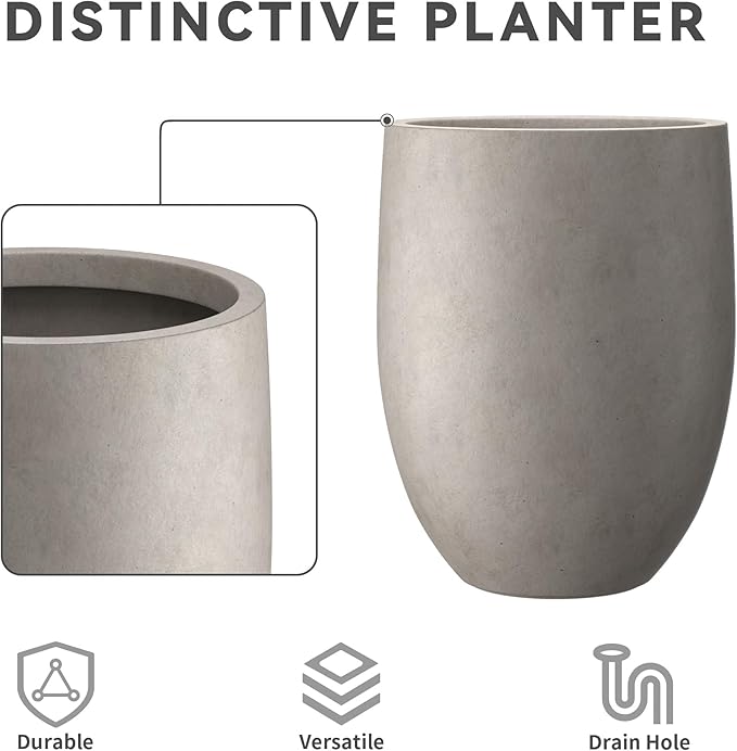 Kante 21.7" H Buff Concrete Tall Planter, Large Outdoor Indoor Decorative Pot with Drainage Hole and Rubber Plug, Modern Round Style for Home and Garden