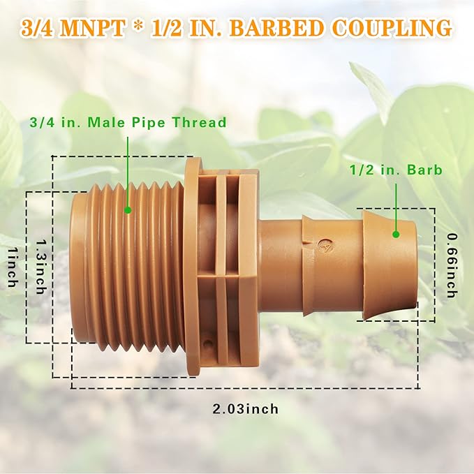 1/2 Inch Threaded Drip Irrigation Male Adapter:Drip Irrigation Universal PVC Adapter 3/4" Male Pipe Thread (MPT) x 1/2" Barb Coupling Swing Pipe Irrigation Fittings (10 Pack)