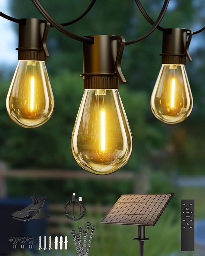 Torkase 50FT Solar Patio Lights Outdoor 15+1 Shatterproof LED Bulbs USB Rechargeable Waterproof Remote Control for Garden Porch Deck Camping