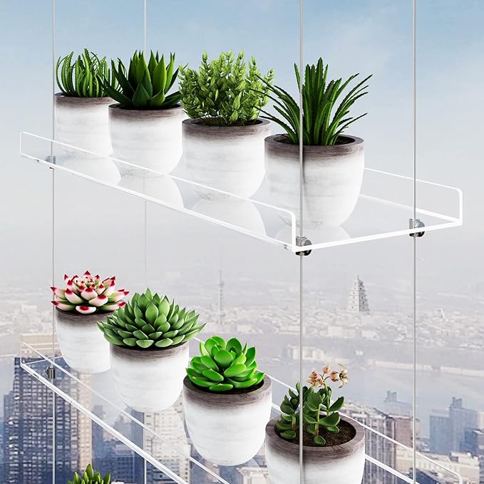 2-Tier Clear Hanging Window Plant Shelves 16inch,Indoor Windows Wall Hanging Plant Stand Flower Display,Flower Pot Organizer Storage for Window Grow Herbs,Microgreens,Succulents,Flower