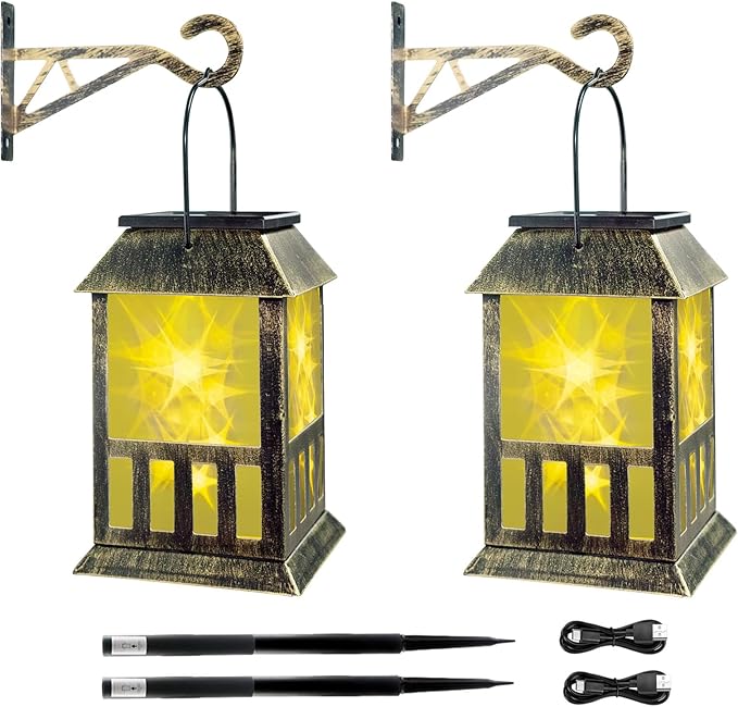 Solar Lanterns Outdoor Waterproof, 3D Star Light with Flashing Mode, Solar & USB C Charging, Metal Hanging Lantern for Wall Landscape Yard Patio Driveway Garden Decor, Warm Light 2 Pack