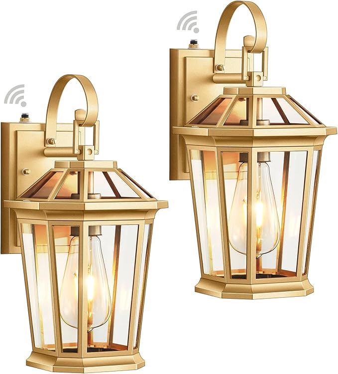 VIANIS Dusk to Dawn Outdoor Wall Lanterns, Modern Golden Exterior Lighting Fixtures Wall Mount Sconces, 100% Aluminum Waterproof Gold Porch Lights, Outside Coach Lantern for House Patio Garage, 2-Pack