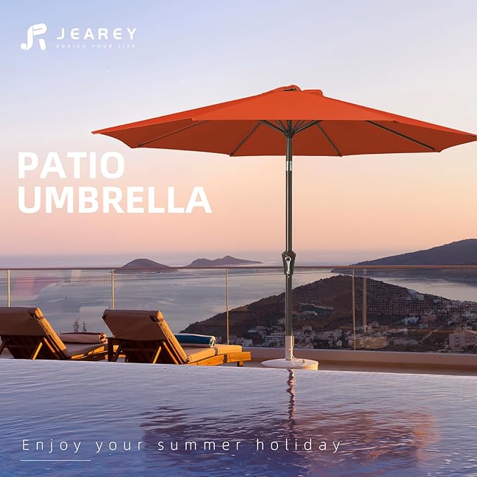 JEAREY 10FT Outdoor Patio Umbrella Outdoor Table Umbrella with Push Button Tilt and Crank, Market Umbrella 8 Sturdy Ribs UV Protection Waterproof for Pool, Garden (Orange Red)
