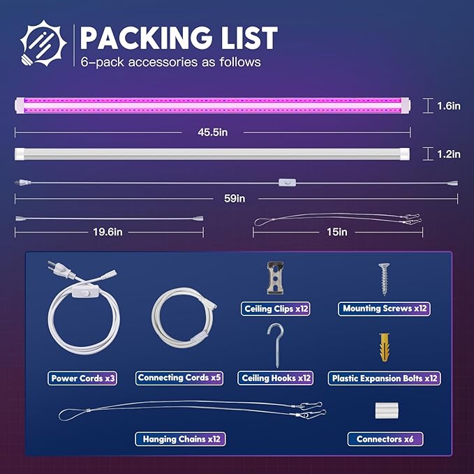 FREELICHT 6 Pack 4FT LED Grow Light, 40W (250W Equivalent), Red Blue (660nm+460nm) Full Spectrum Grow Light for Indoor Plants, Linkable Plug in Plant Growing Lamps for Hydroponic Seeding Veg Flower