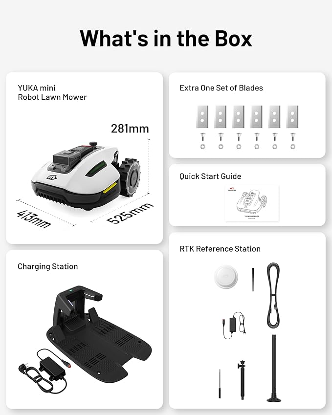 YUKA Mini 500 Robotic Lawn Mower for 0.12 Acre,Ultrasense AI Vision+ RTK Positioning, Auto Mapping, App Control,50% Slope,Perimeter Wire Free, 15 Mowing Zones Management