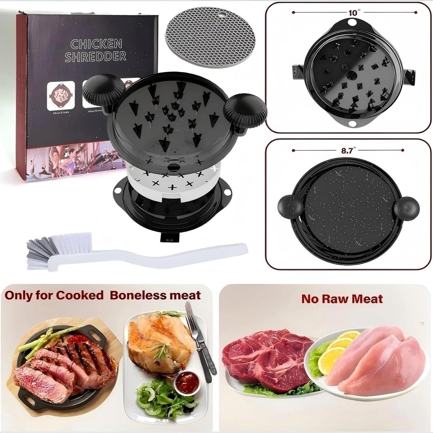 Chicken Shredder Meat Shredder Tool Twist Chicken Breast Shredder Large-Shredding Tools Chicken Breast, Pulled Pork, Beef with Stainless Steel Spikes (Black&Black)