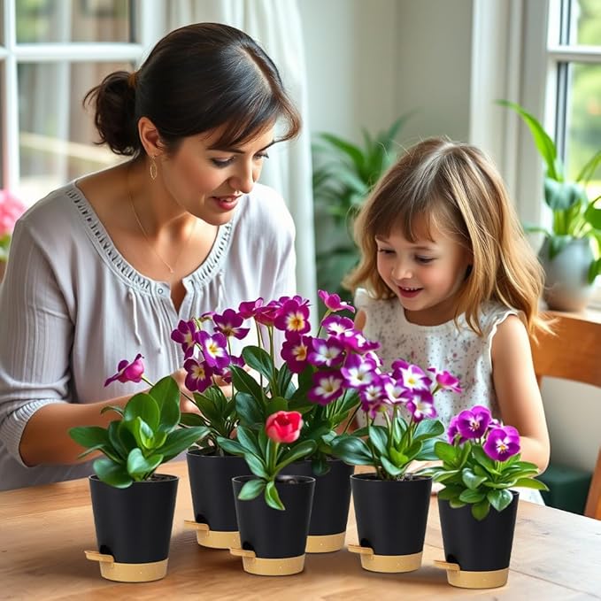 12 Pack 4 Inch Self Watering Plant Pots with Drainage and Saucers,Plastic Flower Pots for Indoor and Outdoor Plants, Nursery Planters for Houseplants and Herbs Black Brown, 4 inch 12pcs