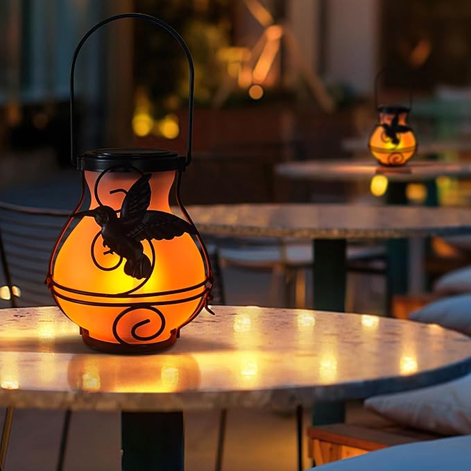 2 Pack Solar Flickering Flame Lights,Outdoor Upgraded Metal Lantern for Hanging Solar Powered Waterproof LED Flame Glass Lanterns for Patio Garden Christmas Halloween Decorations
