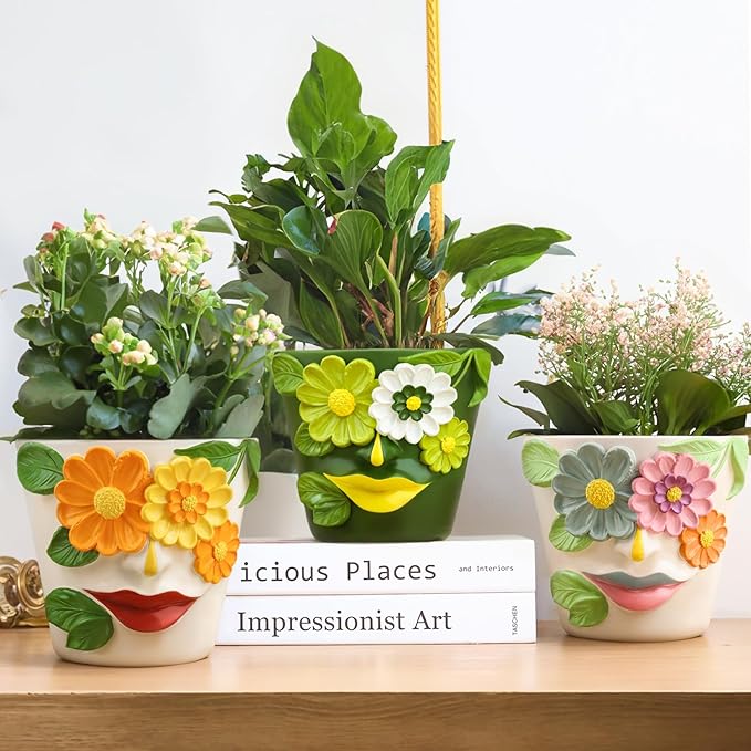 GUGUGO Flower Face Planters, Abstract Unique Head Plant Pot with Drainage, Rainbow Colorful Cute Flower Plant Pots for Indoor Plants, Funny Succulent Gardening Pot Gift Home Décor (Green&White, 5Inch)