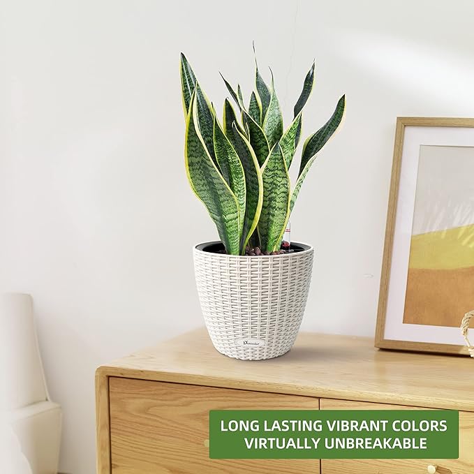 Dexceder 11x10 Inches Rattan Self Watering Planter Indoor Outdoor, Inner Pot Design, Thickened Table Flower Plant Pot with Water Level Indicator (Ivory White)