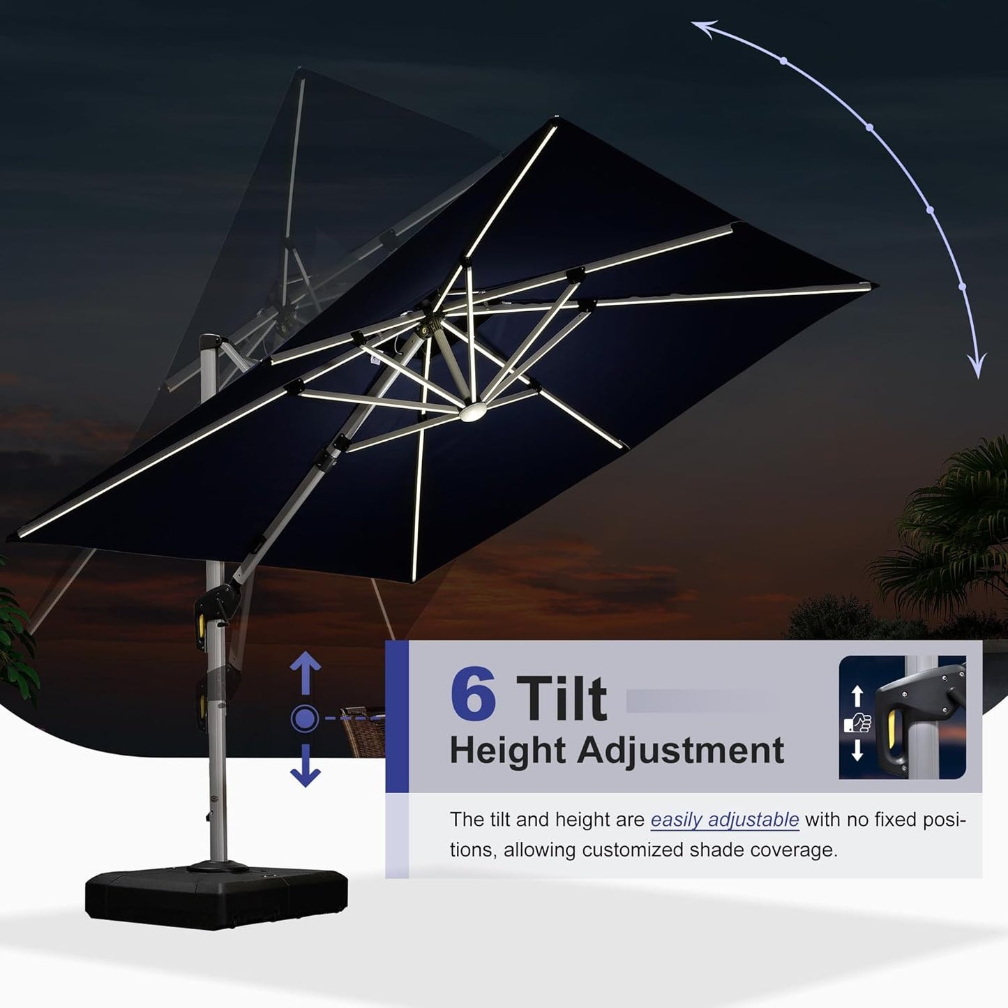 PURPLE LEAF 9 Feet Double Top Deluxe Solar Powered LED Square Patio Umbrella Offset Hanging Umbrella Outdoor Market Umbrella Garden Umbrella, Navy Blue