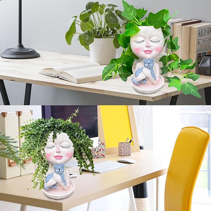 Head Planter with Drainage Hole, Resin Art Vase, Cute Lady Hugging Cat Succulent Flower Pots, Unique for Indoor Outdoor Decor, 7.28in