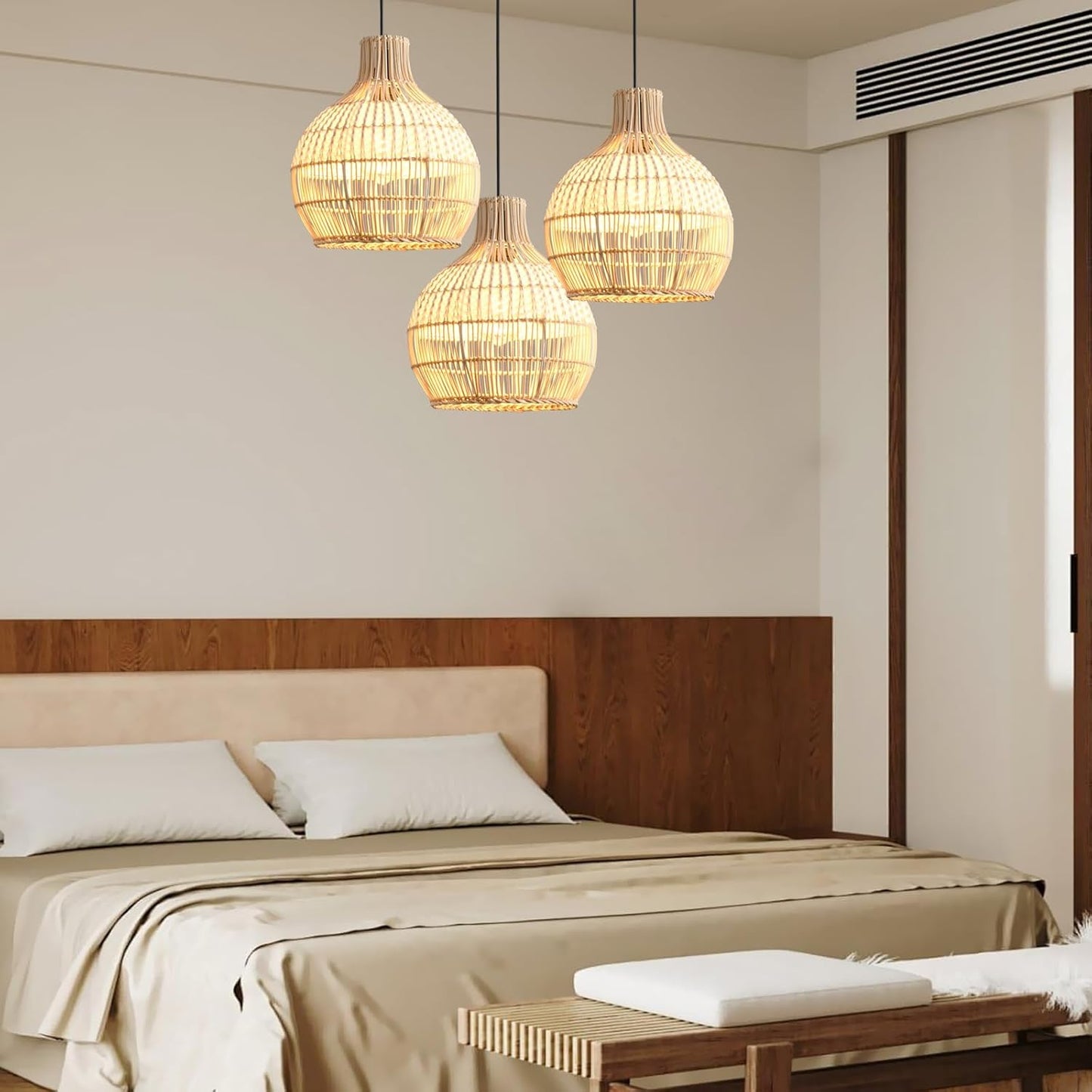 3-Pack Fax Rattan Pendant Light Fixture Mini Hand-Woven White Rattan Chandelier 10.24" Boho Wicker Hanging Lamp for Dining Living Bedroom Kitchen Farmhouse