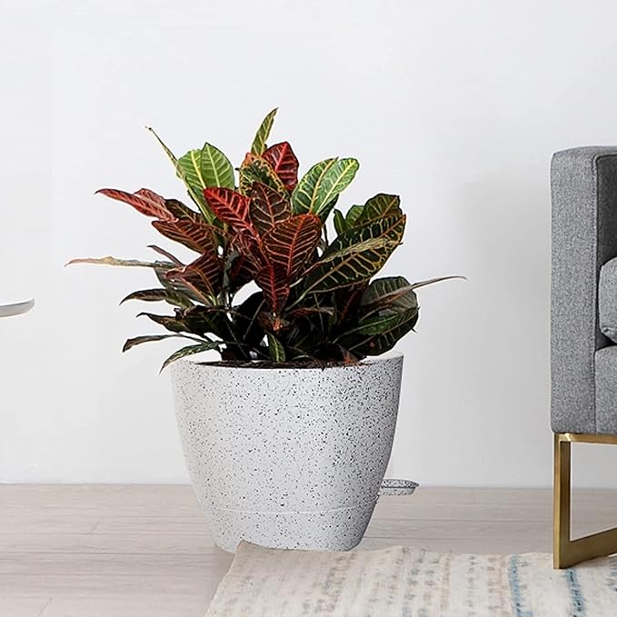 Large Self Watering Pots, 12/10/9 Plastic Planters with High Drainage Holes and Deep Reservoir for Indoor Outdoor Garden Plants and Flowers, White Speckles