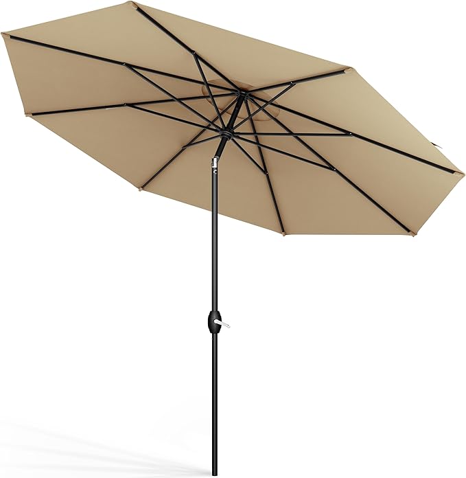 Midtown Umbrellas Sunbrella Umbrella 8 Feet Outdoor Umbrella With Sunbrella Heather Tan Acrylic Fabric - Auto-Tilt Aluminum Frame Patio Umbrella For Backyard, Deck, Garden, Pool - Black Pole