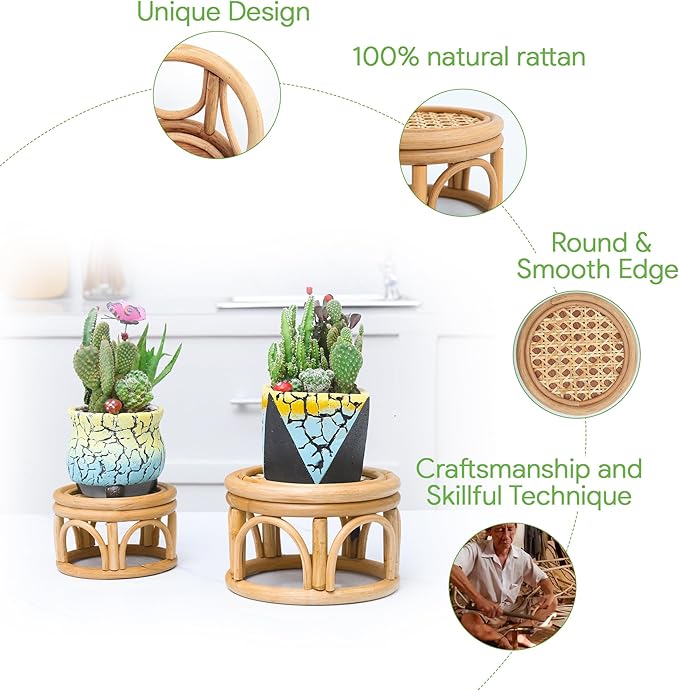 Set of 2 Small Boho Rattan Wicker Round Riser Plant Stand Indoor,Rustic Farmhouse Natural Wooden Circle Pedestal for Decor & Display, Tabletop, Office Decor