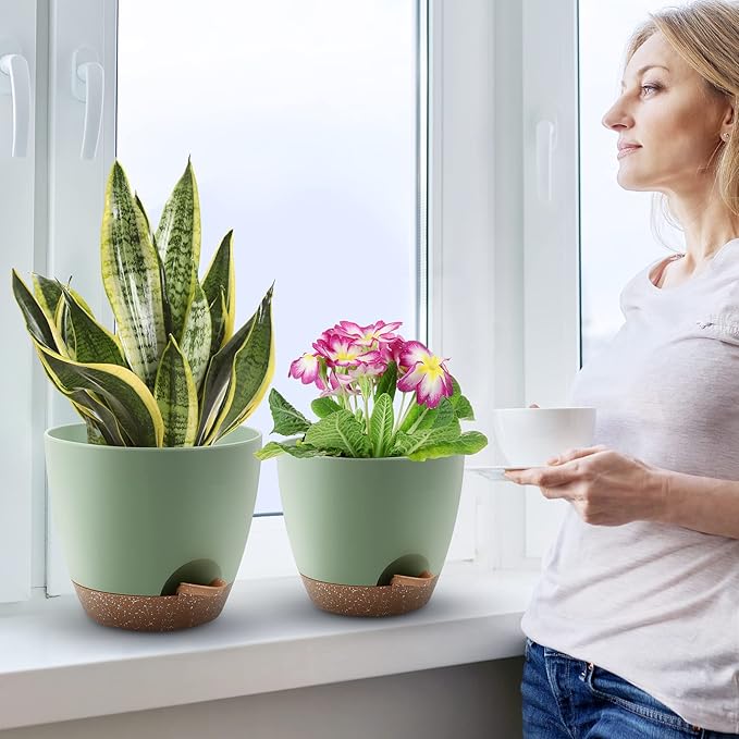 Plant Pots 10/9/8/7.5/7 Inch Self Watering Pots, Set of 5 Plastic Planters with Drainage Holes and Saucers,Plastic Flower Pots,Nursery Planting Pot for Indoor Out Door Plants(Green)