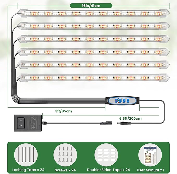 Under Cabinet Grow Light Strip, 36W 360LEDs Grow Lights for Indoor Plant Full Spectrum 660nm/3000K/6000K Grow Lamp with 6/12/16H Timer, 3 Spectrum Modes, 5 Brightness Levels (6 Bars/2 Pack)