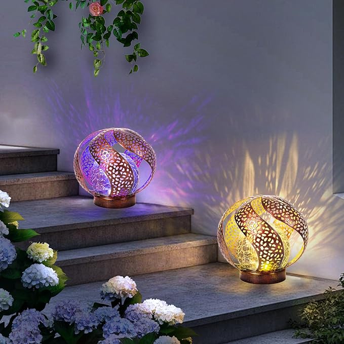 Solar Lights Outdoor - Ramadan Solar Lights for Outside Garden Decor, Hollow Solar Lights with Glass Globe, Solar Lantern Gardening Gifts for Women, Mom, Pathway, Balcony, Tabletop Decoration