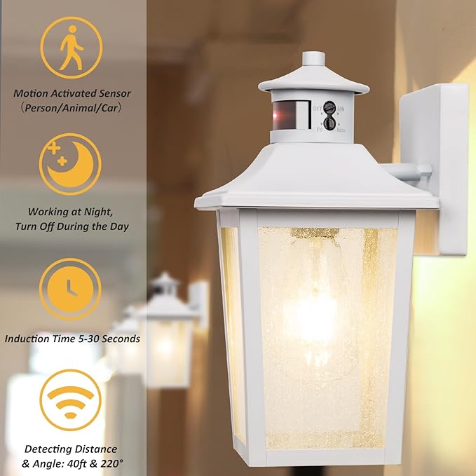 White Motion Sensor Outdoor Wall Light 2 Packs, Dusk to Dawn Outdoor Wall Lighting, Waterproof Exterior Light Fixture, Modern Porch Light Outside Wall Mount for House Patio Garage, Anti-Rust