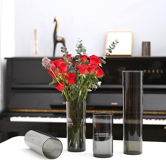 Flower Vase, Non-breakable Vases, 4" W x 16" H, Acrylic Grey Vase, Aesthetic Room Decor Cylindrical Modern Flower Vases for Table Centerpiece, Home Decor, Women Floral Arrangement Gift