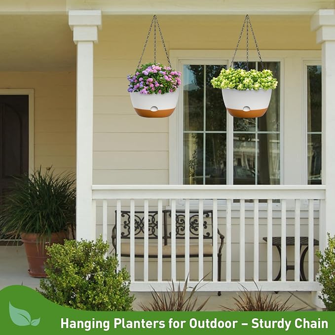 10 Inch Hanging Planters for Indoor & Outdoor Plants (2 Pack) - Self-Watering & Drainage Flower Pots with 2 Kinds of Plant Hangers for Home Decor & Garden (White, 10 in)