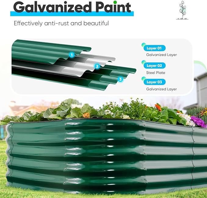 Quictent Galvanized Raised Garden Bed Kit, 8x4x1.5 ft Oval Metal Planter Box Tall for Vegetables Outdoor Backyard, Rubber Strip Edging Included (Dark Green)