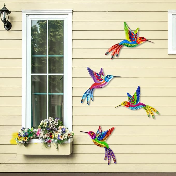 ULENDIS 4 Pack Metal Hummingbird Wall Art Outdoor Decor, 3D Colorful Outdoor Wall Art Fence Decorations for Patio and Yard, Wall Sculpture Hanging Decor for Garden Living Room Balcony
