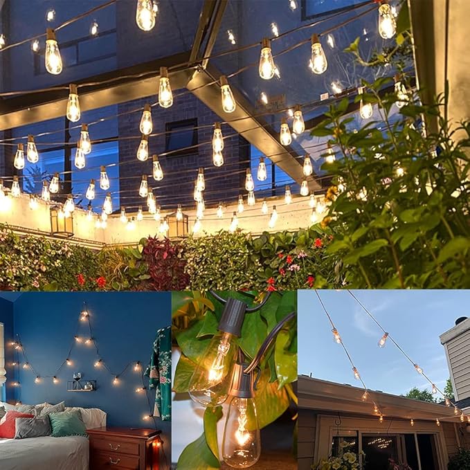 10Ft Outdoor String Lights Waterproof, Hanging Patio Lights with 11 Edison Bulbs (1 Spare), ST40 Vintage Edison Bulbs String Lights for Indoor Garden Backyard Party Wedding Balcony Decor- Black