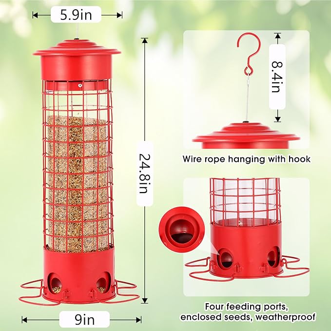 Squirrel Proof Bird Feeder for Outdoors, Weatherproof Metal Feeder, 4.5 lb Large Capacity, Weight-Activated Perches, Hanging Feeder for Cardinals, Finches, Wild Birds, Red