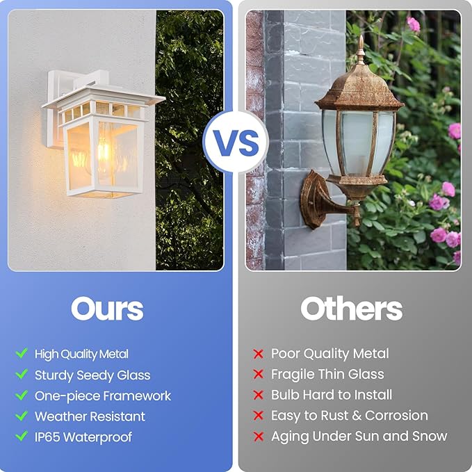 Outdoor Wall Lantern, Exterior Lighting Fixtures Wall Mount, 2 Pack White Outdoor Sconces with Seeded Glass, Exterior Porch/Patio Lights for House Front Door Garage