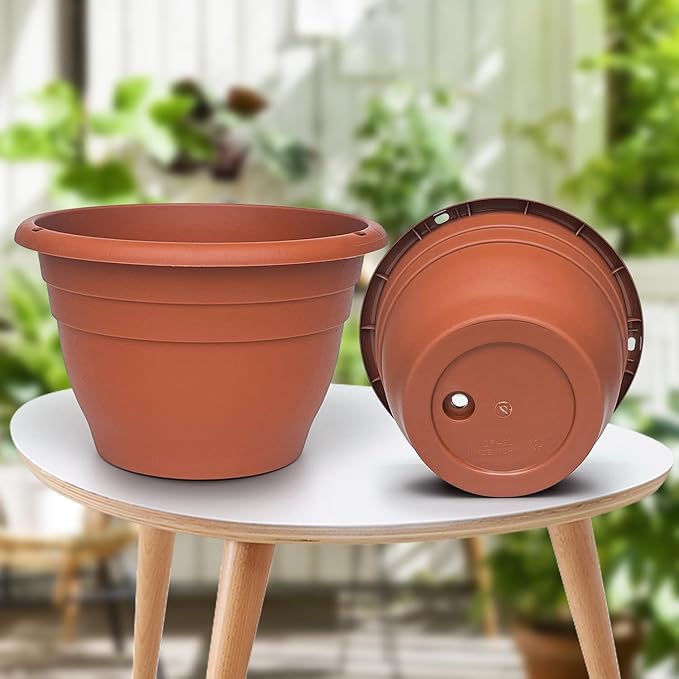 5 Packs Plant Pots, 10 Inch Planters Perfect for Indoor Outdoor Plants, Round Thickened Flower Pots with Drainage Hole, Plastic Garden Plant Planters(Pottery Red)