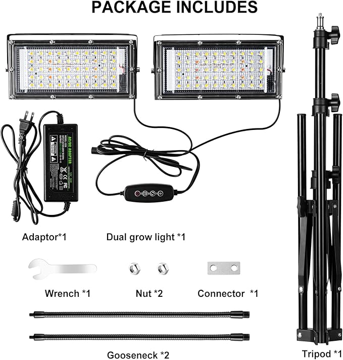 LBW Grow Light for Indoor Plants, Dual Heads Full Spectrum 200W LED, Auto On/Off Timer, 6 Dimmable Levels, 3 Switch Modes, Adjustable Tripod Stand 15-63 inches