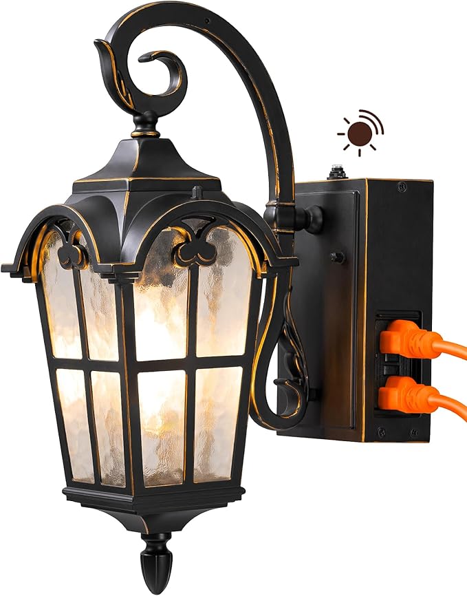 EDISHINE Dusk to Dawn Outdoor Wall Lights, Porch Light Fixture with GFCI Outlet, Exterior Wall Lantern with E26 Socket, Waterproof Outside Wall Sconce Wall Mount Lamp for Front Door, Patio, Garage