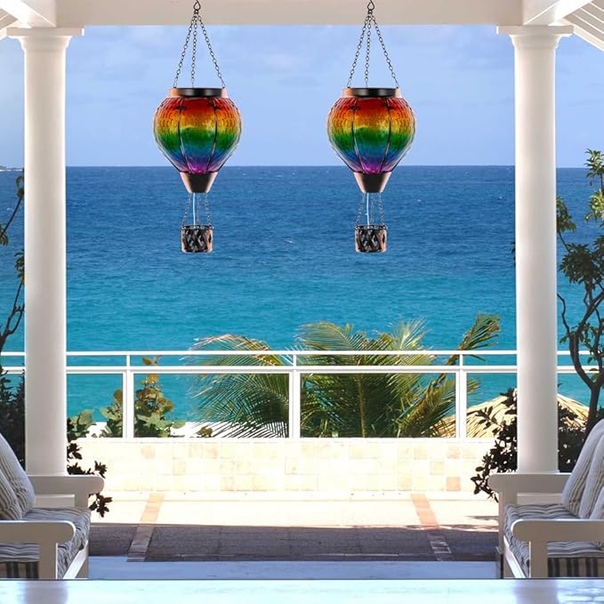 DREAMSOUL Hot Air Balloon Solar Lantern with Candle Holder, Glass Hanging Solar Lantern with Flickering Flame, Solar Lanterns Outdoor Waterproof for Lawn, Patio, Porch, Tree Decor