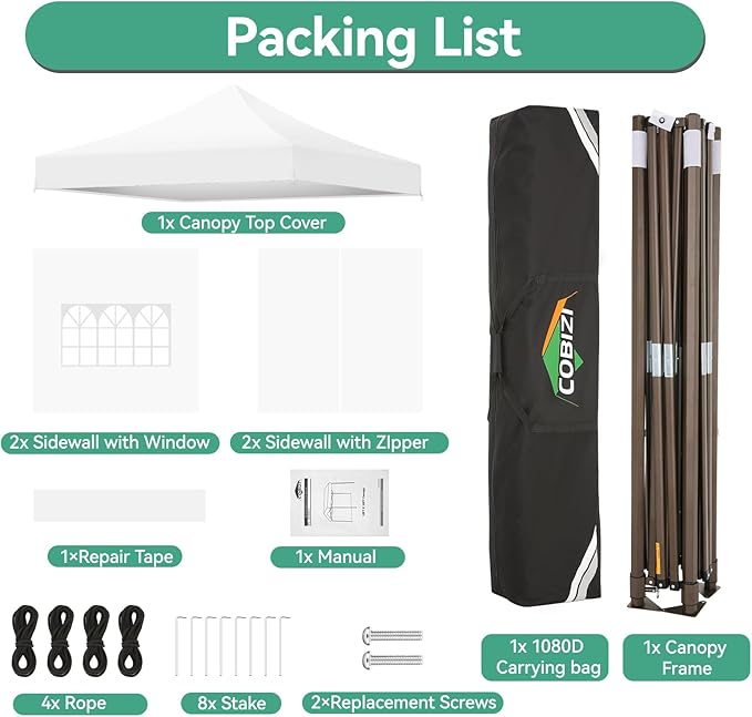 COBIZI 10x10 Pop Up Canopy Tent Heavy Duty with 4 Sidewall, Commercial Outdoor Easy Pop Up Gazebo for Party Wedding All Weather Waterproof UV 50+ with Carry Bag(Leg Upgraded),White