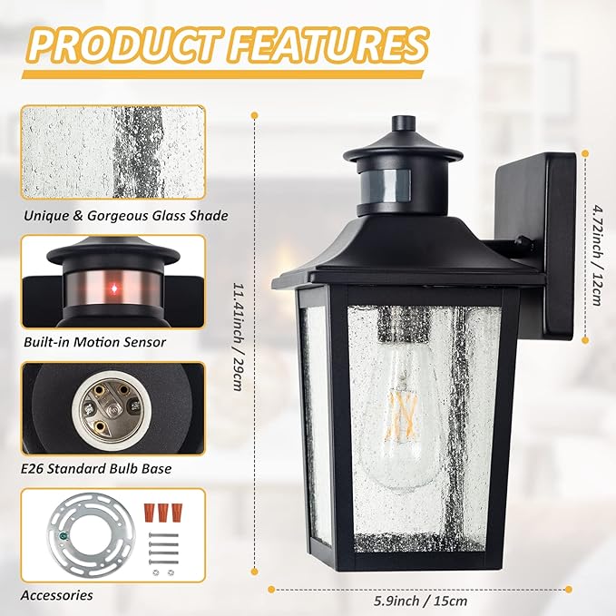 Motion Sensor Outdoor Wall Light - Black Dusk to Dawn Outdoor Lighting, LED Waterproof Exterior Light Fixture, Modern Porch Light Outside Wall Mount for House Patio Garage Garage, Anti-Rust