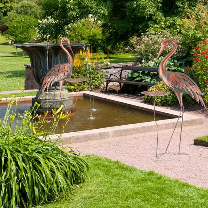 Crane Garden Statue, 42'' Heron Outdoor Statue with Birdbath, Large Crane Bird Metal Yard Art for Lawn Porch Backyard Patio Decor (Brown)