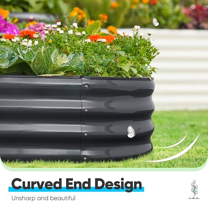 Quictent Galvanized Raised Garden Bed Kit, 8x4x1 ft Oval Metal Planter Box for Vegetables, Rubber Strip Edging Included (Dark Gray)