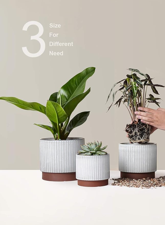 LE TAUCI Ceramic Plant Pots with Drainage Holes, Set of 3, 8+6.7+5.5 Inch Stripe Garden Planter Pots for Outdoor Indoor Plants Flower, Round Succulent Orchid Flower Pot, Reactive Glaze White