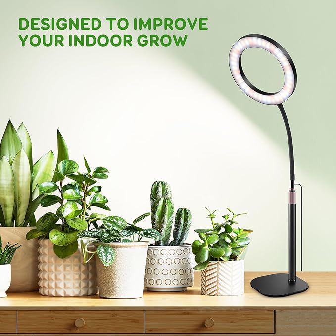 One Head Grow Lights for Indoor Plant Full Spectrum, Desk Halo Plant Lights for Indoor Growing with 3H/9H/12H Timer, 5 Dimmable Levels,Height Adjustable 9.4-23.6",Strong Metal Base Happy Light