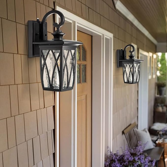 JYZ Dusk to Dawn Outdoor Wall Lantern, Craftsman Style Large Exterior Sconce Light with Water Ripple Glass, Traditional Porch Light Fixture Wall Mount Lamp for Front Porch Doorway Garage Patio Garden