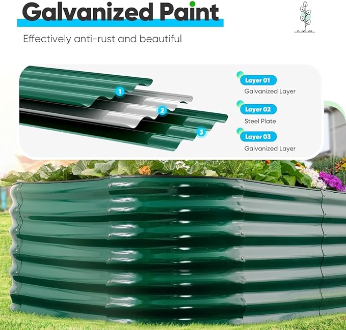 Quictent Galvanized Raised Garden Bed Kit, 8x4x2 ft Oval Metal Planter Box Tall for Vegetables Outdoor Backyard, Rubber Strip Edging Included (Dark Green)