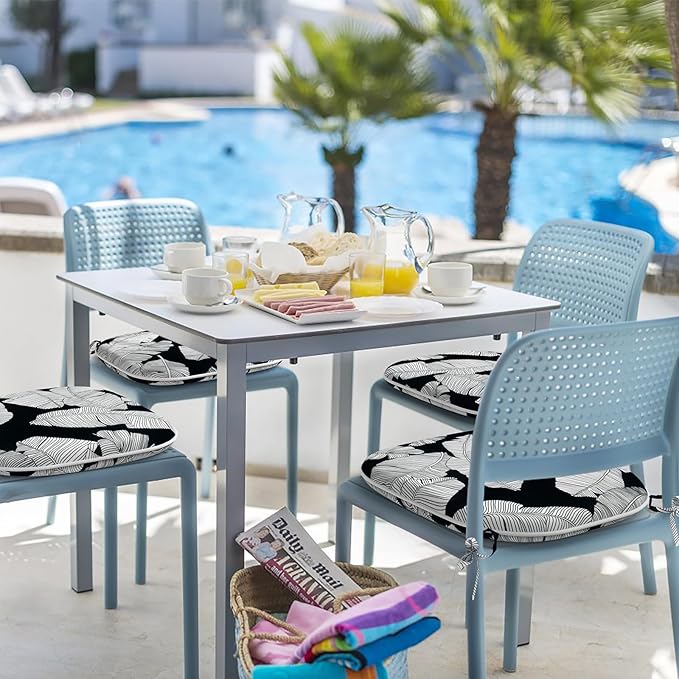 Indoor/Outdoor Chair Cushions 16x17 Inch, Patio Chair Cushions with Ties, All Weather Seat Cushions for Patio Furniture Home Garden Chair Use, Set of 4, Black Lush Leaves