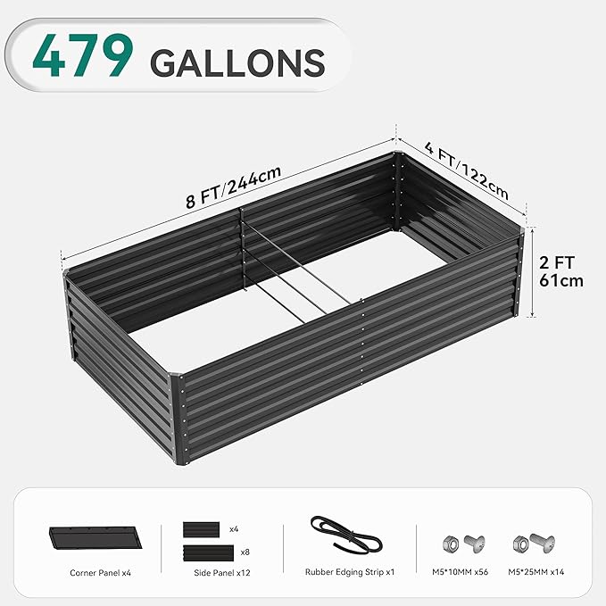 YITAHOME 8x4x2ft Large Raised Garden Bed Kit, Galvanized Metal Planter Box with Gloves, Ground Nails, Support Rod & Safety Rubber, Outdoor Above Ground Planters for Plants Vegetables Flowers, Black